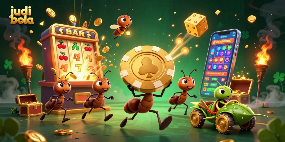 Experience judi bola excitement with ants on a heist, golden poker chips, and action-packed casino elements.