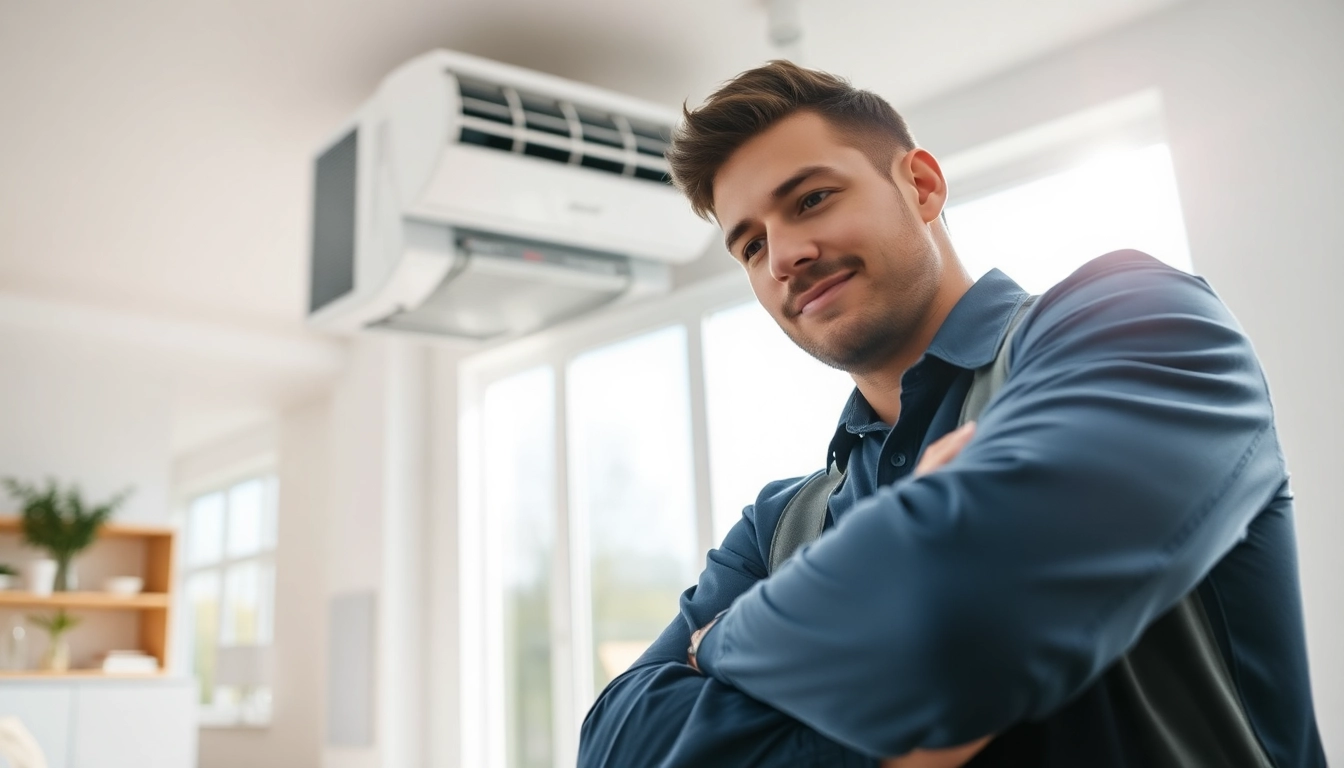 Trane HVAC technician inspecting an energy-efficient air conditioning unit in a bright home.
