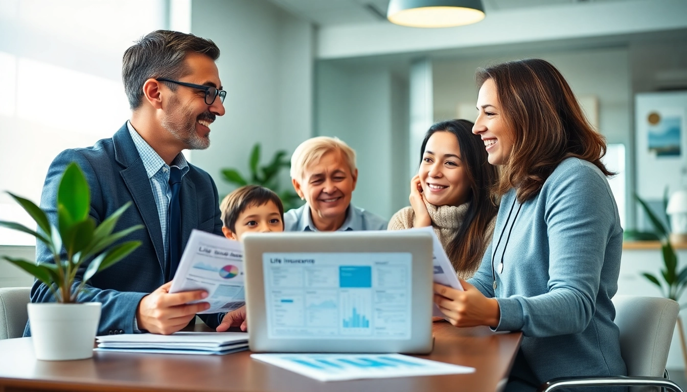 Discussing Life insurance options with a family in a professional setting.