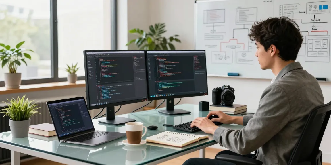 Developer coding in a modern workspace with dual monitors, focused on cika4d.