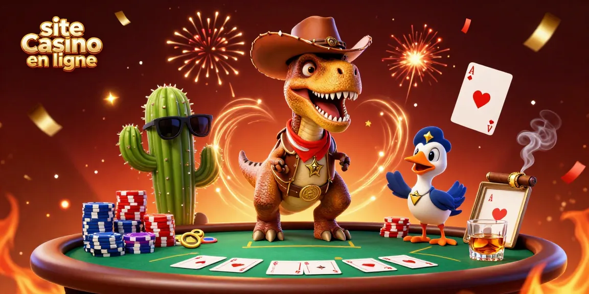 Jouez sur site casino en ligne avec un T-Rex cartoon, une ambiance festive et des éléments de poker.