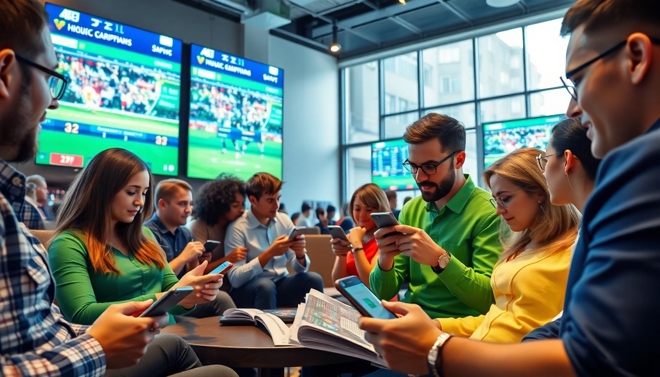 Engaging scene of diverse users interacting with online sportsbooks India on mobile devices in a modern setting.