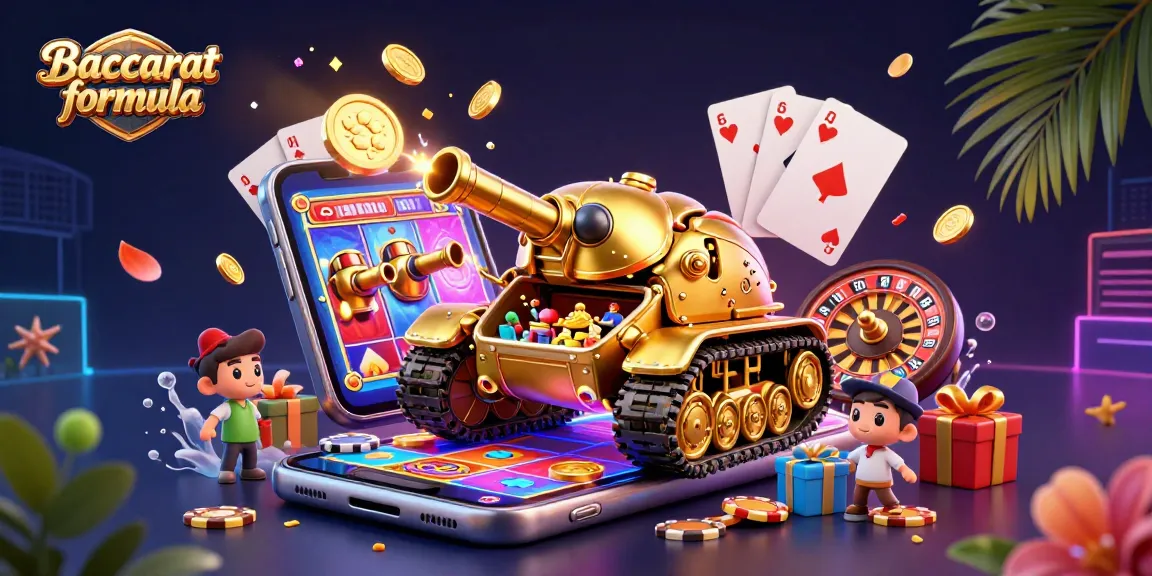 Baccarat formula showcases a vibrant casino scene with a golden beetle tank and gaming elements.