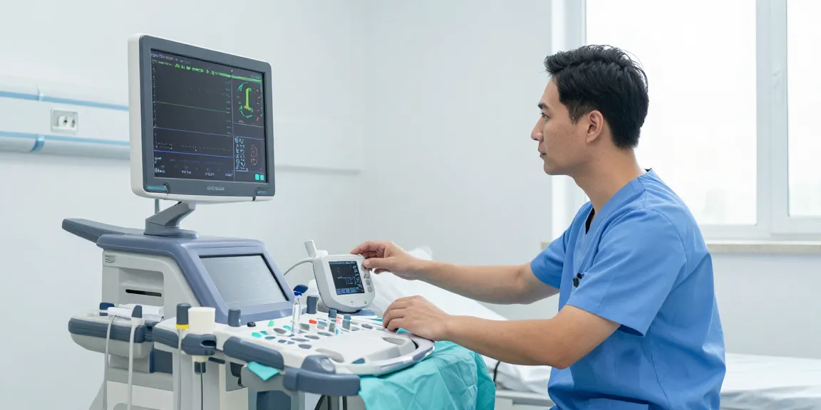 Medical equipment on display with a healthcare professional examining a patient monitor in a bright hospital room.