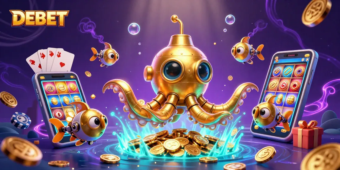Experience DEBET with a vibrant underwater casino scene fueled by animated gaming elements.