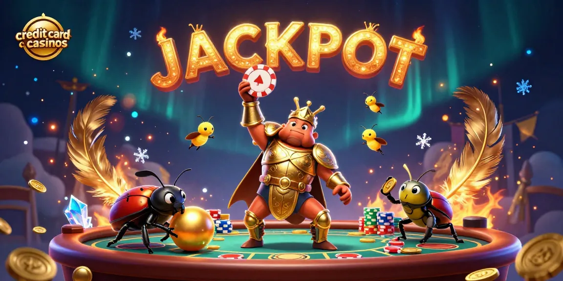 Celebrate winnings at credit card casinos with hercules and dung beetles in a vibrant, dynamic scene.