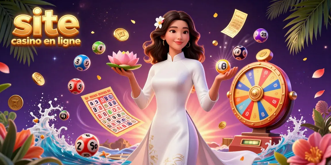 Engagez-vous avec un site de casino en ligne mettant en vedette une élégante femme asiatique entourée d'éléments de casino dynamiques.