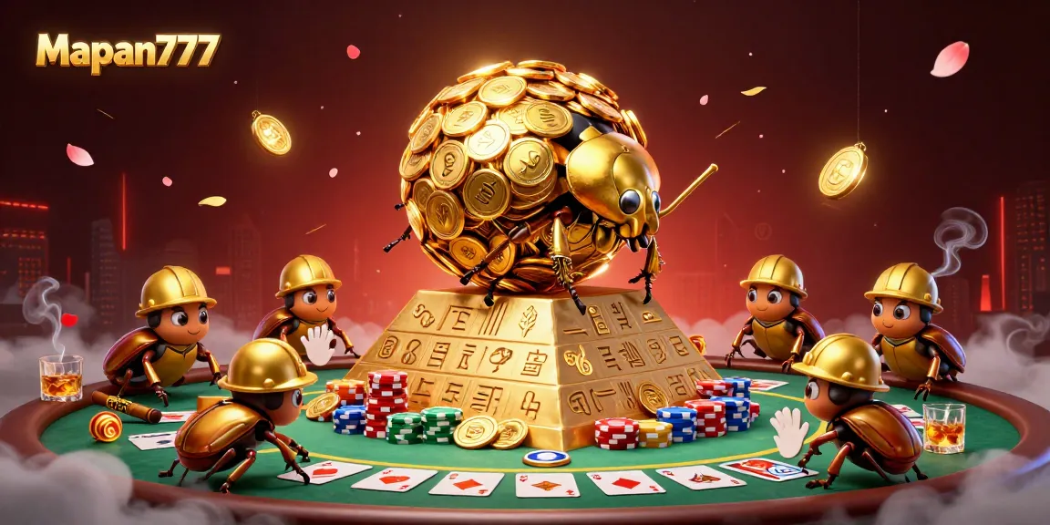 Mapan777 showcases a cartoon beetle rolling gold coins, enriched with poker elements and festive decorations.