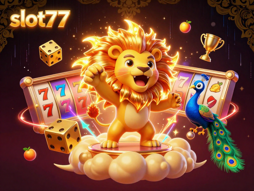 Experience thrilling gameplay with slot77 as golden dice and roaring lion accompany dynamic slot elements.