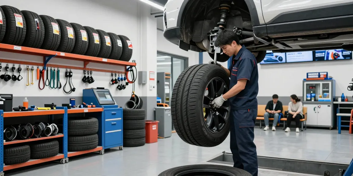 Best tire shop near me showcasing tire technician inspecting vehicle with tires displayed.