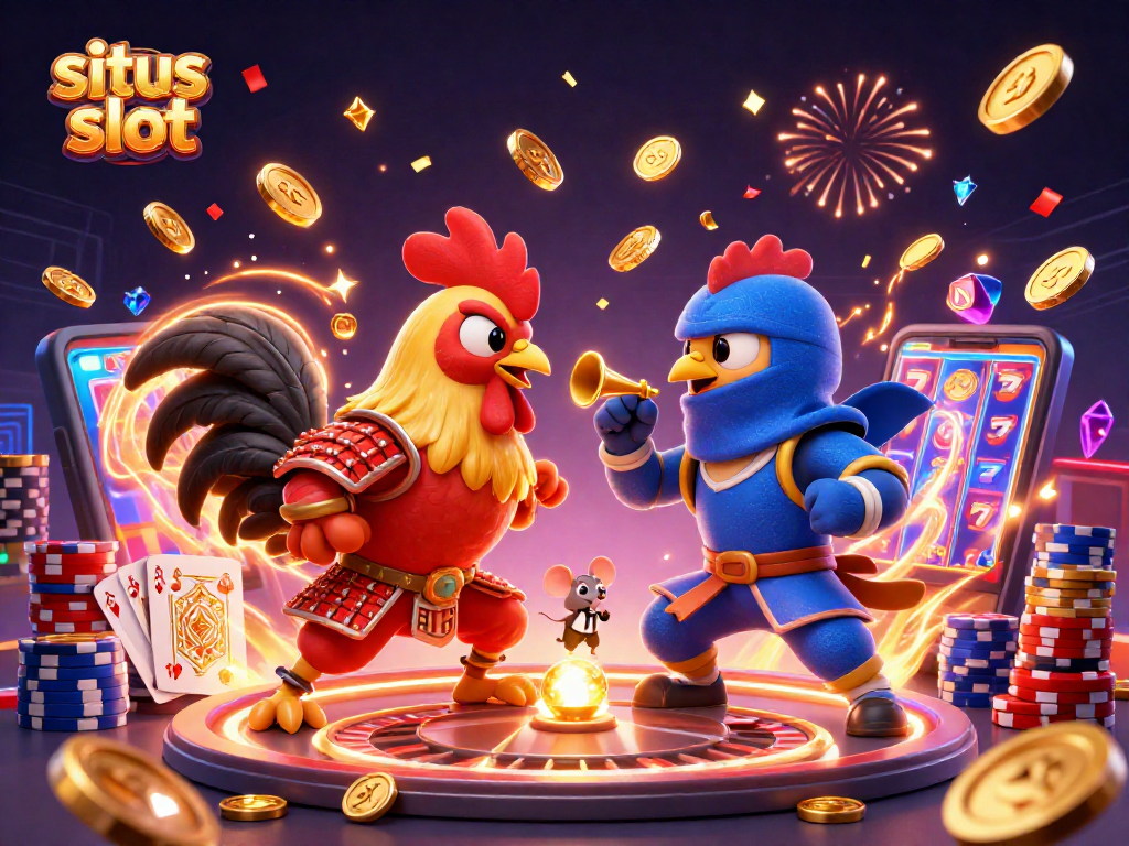 Menampilkan situs slot dengan dua ayam jantan 3D bertarung, koin emas dan batu permata berhamburan.