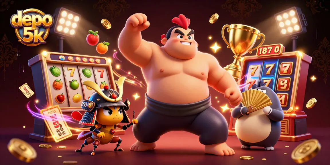 Engaging scene of depo 5k featuring a lively sumo wrestler rooster, a samurai cricket, and a tanuki announcer amid slot game elements for enhanced player excitement.