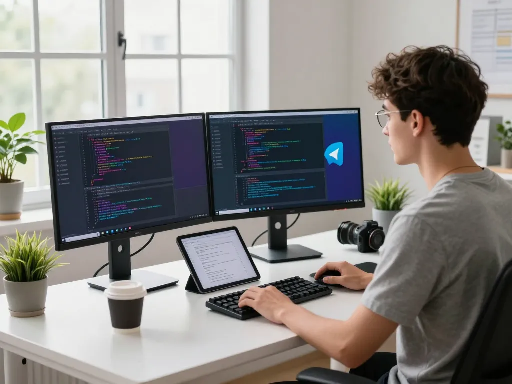 Developer using Telegram 电脑版 on dual monitors in a modern workspace