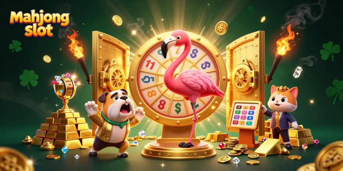 Engage with the mahjong slot excitement featuring a flamingo host, bulldog contestant, and prize scoreboard.