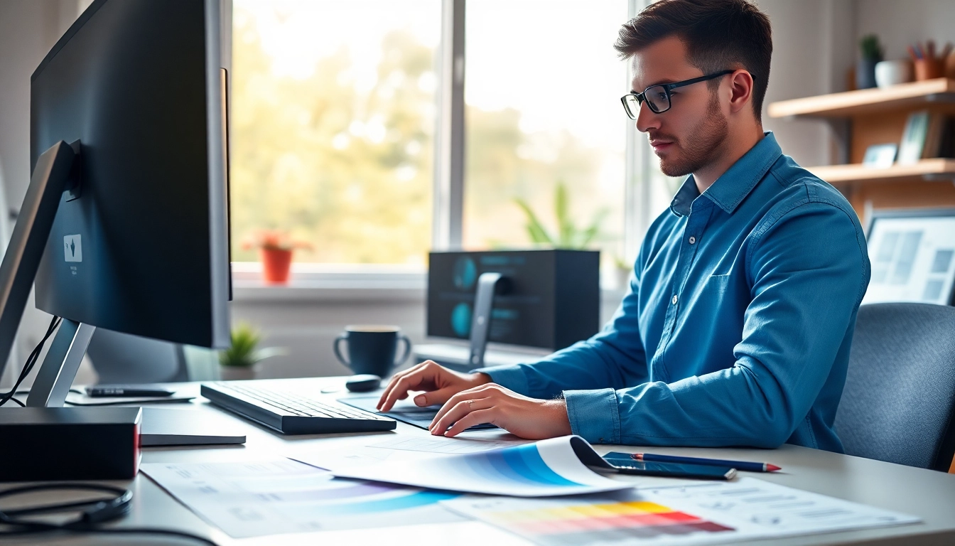 Marcel Hüsig kreiert beeindruckende Webdesigns an einem modernen Arbeitsplatz.