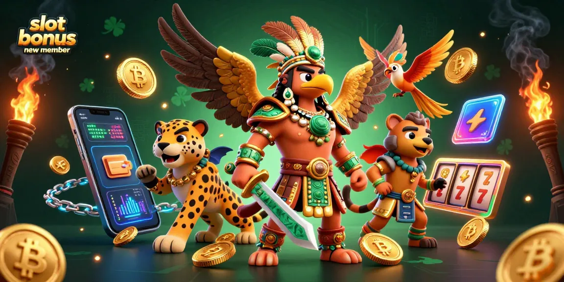 Experience the slot bonus new member with vibrant Aztec warriors and crypto symbols in this detailed illustration.