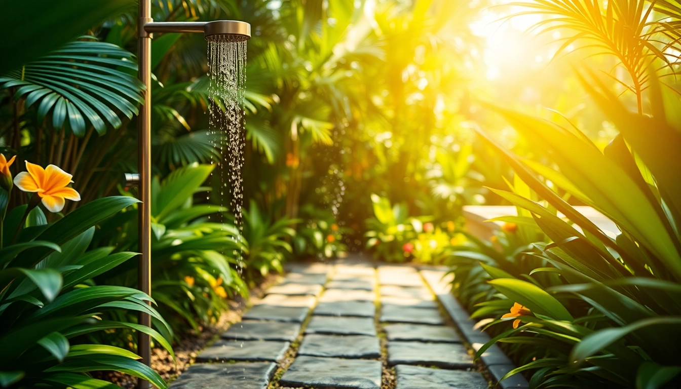 Enjoying a refreshing sunny shower USA experience surrounded by lush greenery and tropical plants.