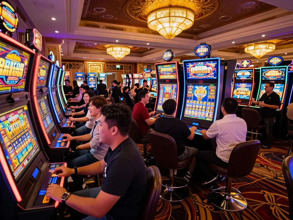 Pemain merayakan kemenangan jackpot di mesin slot gacor yang cerah di suasana kasino yang meriah