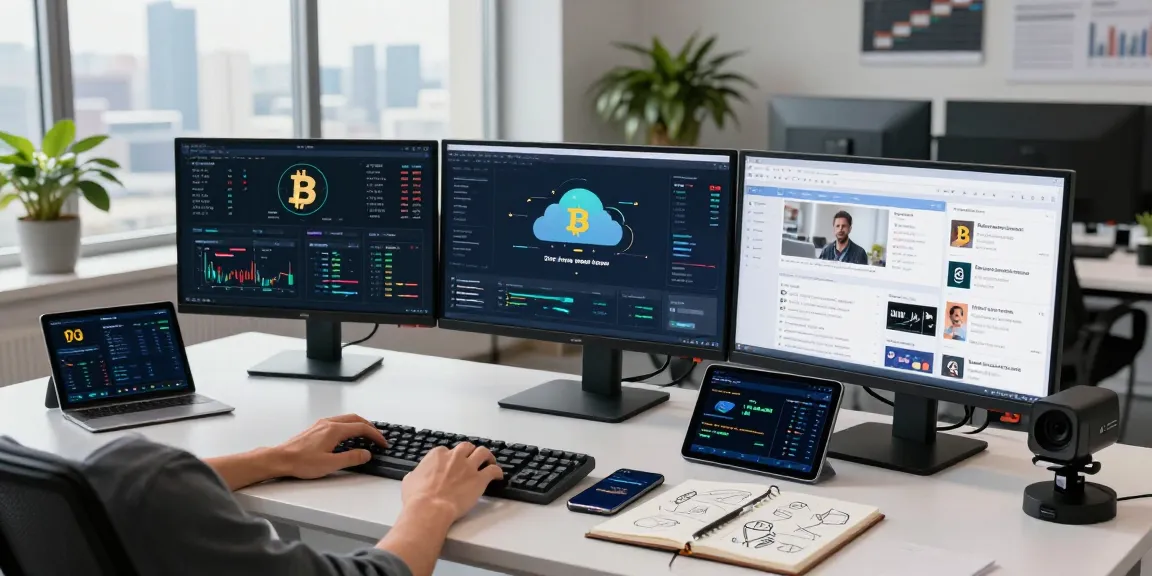 Start cloud mining today with secure cloud mining tools and analytics displayed on multiple screens in a modern crypto workspace