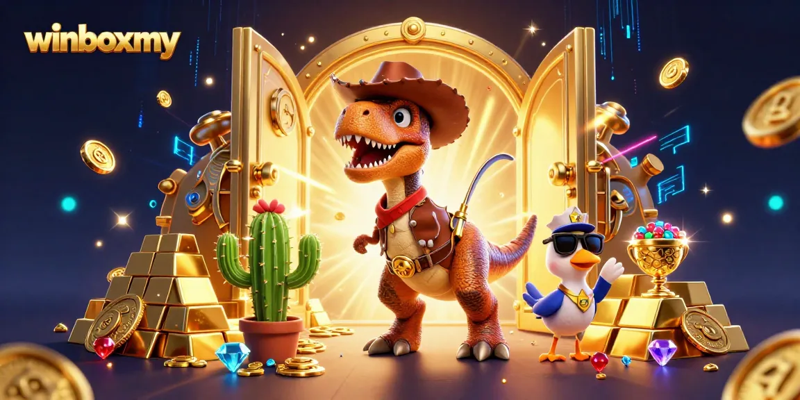 Experience the thrill of winboxmy with vibrant casino characters in a dynamic treasure scene filled with gold and excitement.