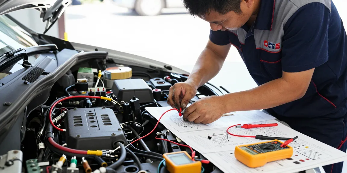 Master technician inspecting automotive connector and wiring harness in a bright workshop environment.