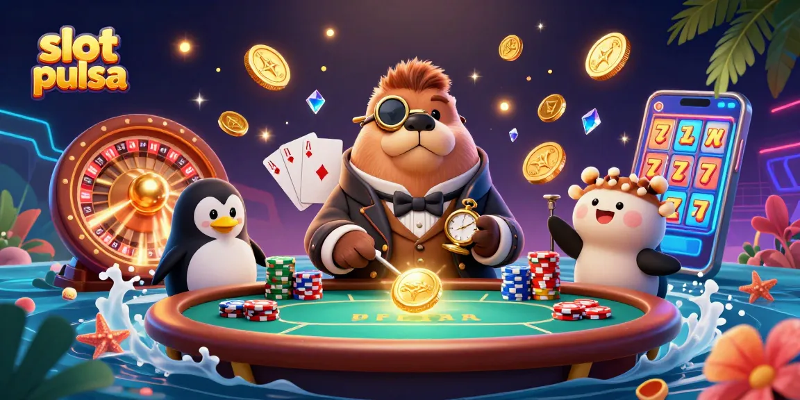 Gulungan slot pulsa berputar dan uang berkilau memikat di meja kasino bawah laut.