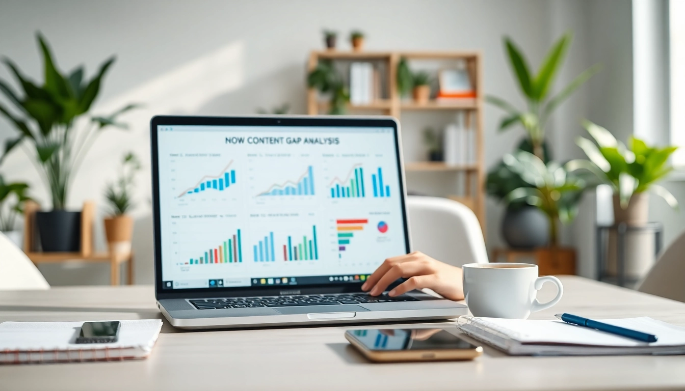 Marketer performing Content Gap Analysis in a bright modern office with graphs on display.
