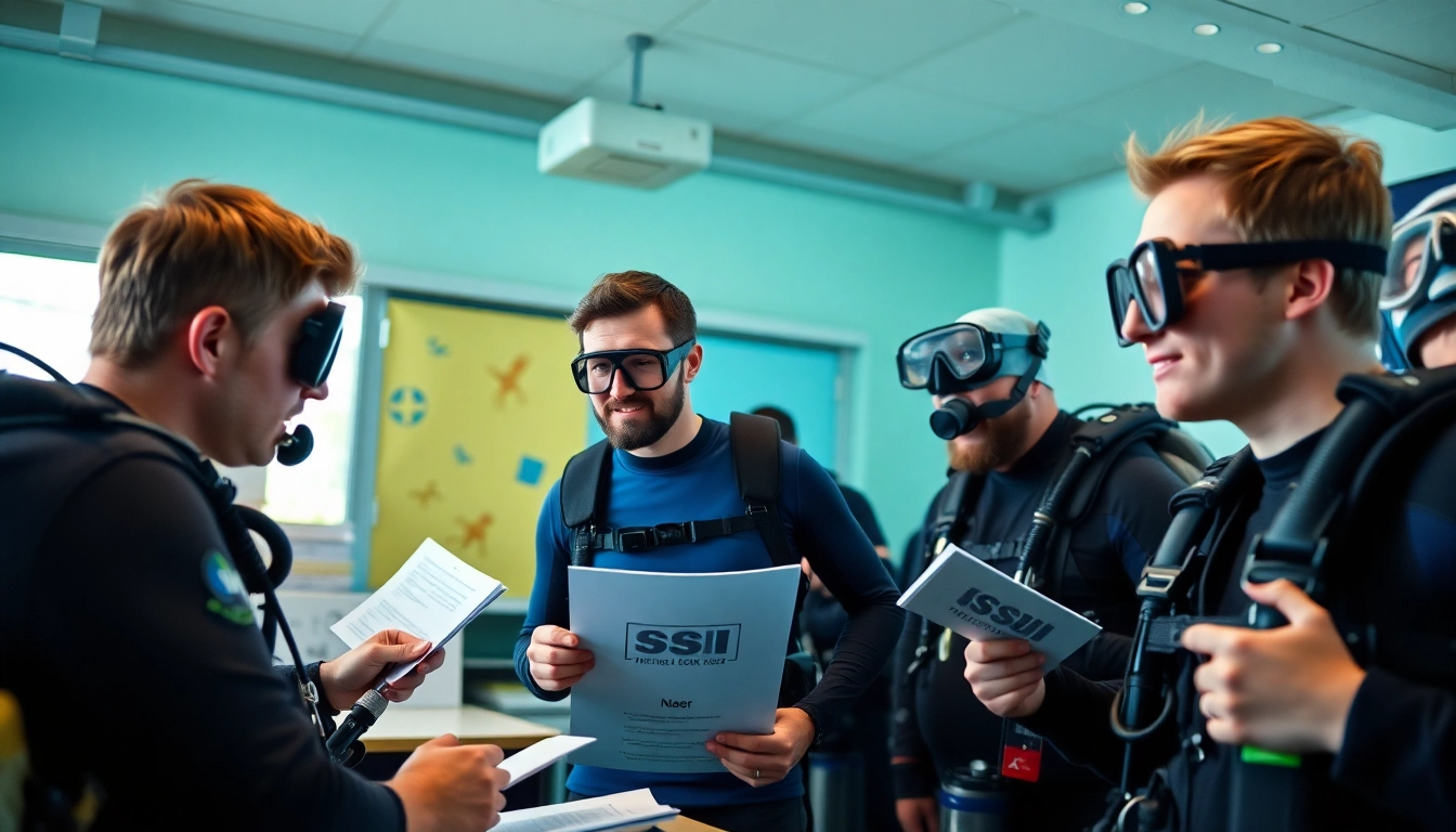 Scuba divers engaged in SSI Theorie Kurse, learning in a vibrant classroom setting.