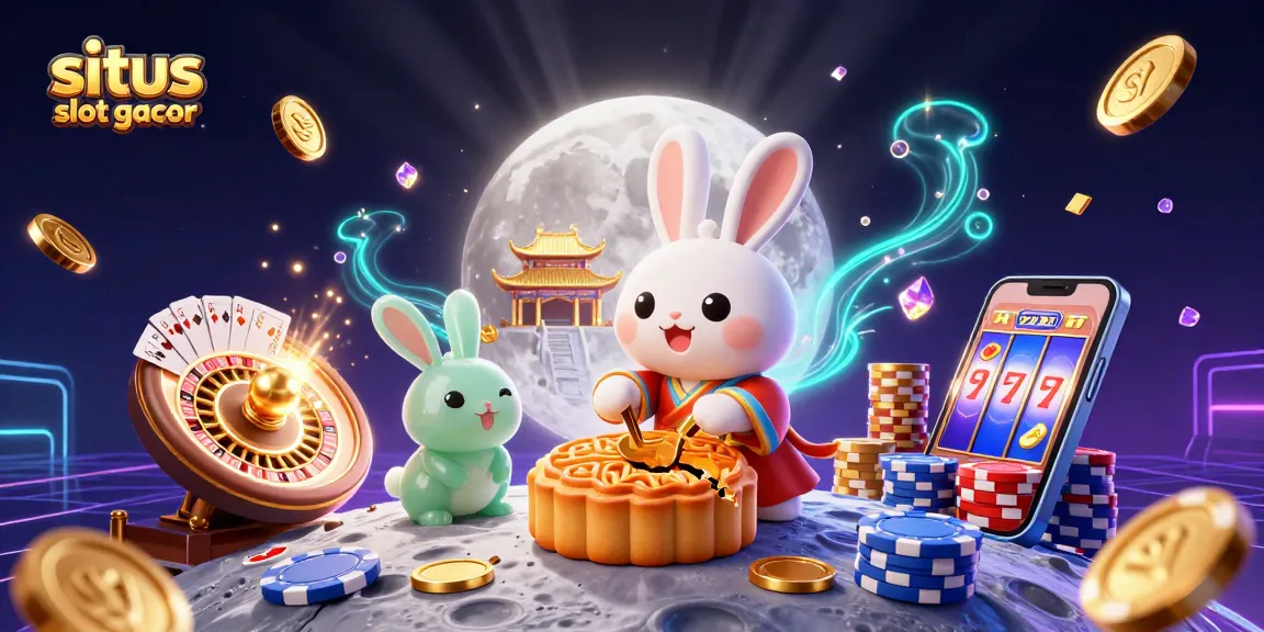 Experience gaming thrill with situs slot gacor featuring playful moon rabbits and sparkling casino elements.