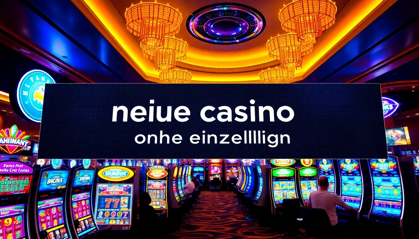 Neue casino bonus ohne einzahlung in a vibrant casino setting with slot machines and neon lights.