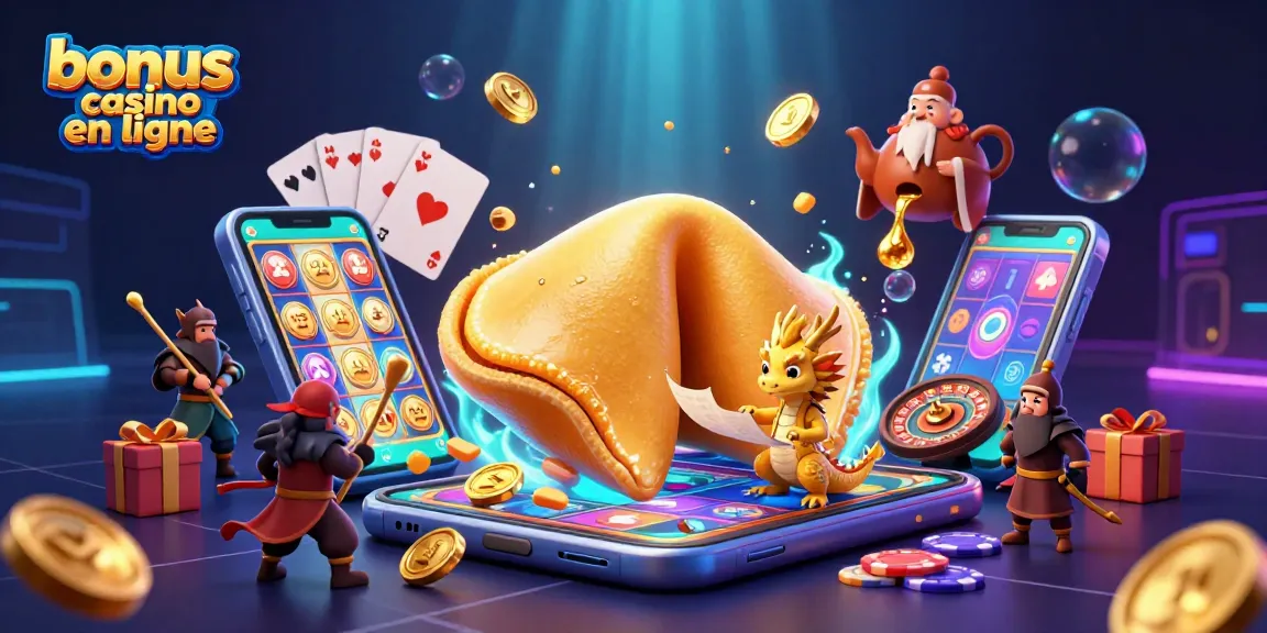 Profitez des bonus casino en ligne avec nos dragons sages et fortune cookies en or dans une scène dynamique