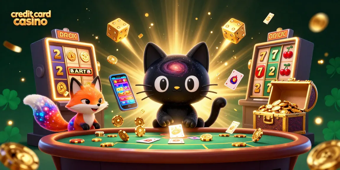 Engaging scene featuring a credit card casino with animated characters celebrating jackpot wins among vivid game elements.