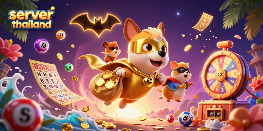 Win big with server thailand in this vibrant casino scene featuring fun characters and gambling elements.