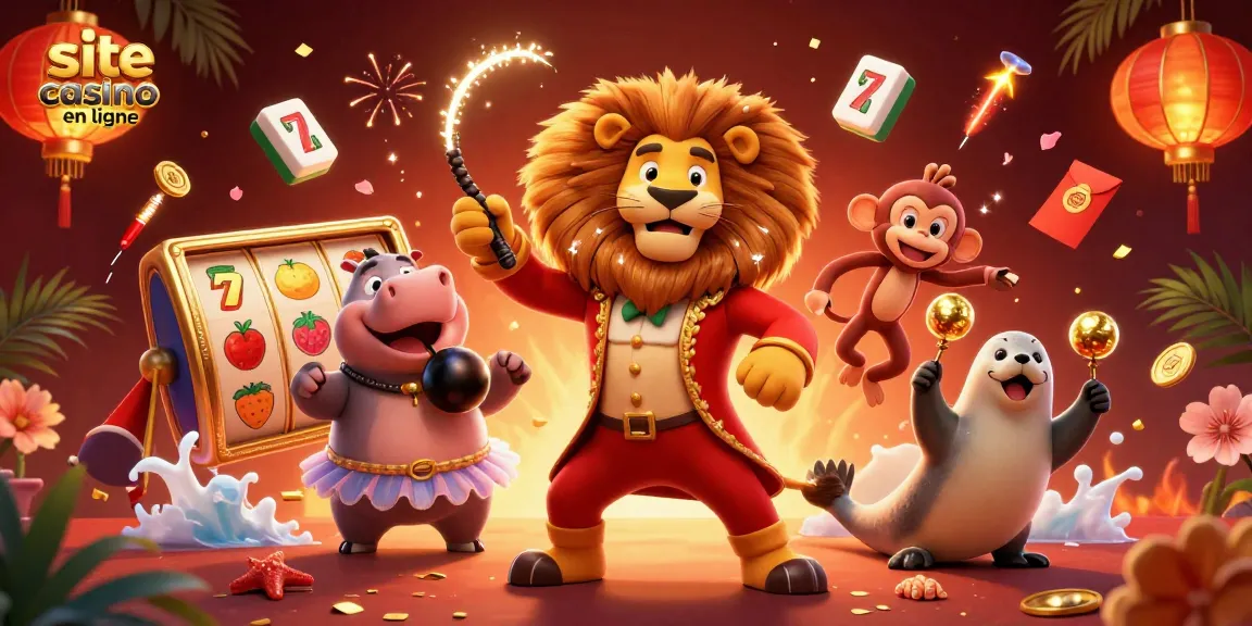 Vivez des jeux passionnants sur le site casino en ligne avec une scène de cirque 3D vibrante remplie d'éléments de jeu.