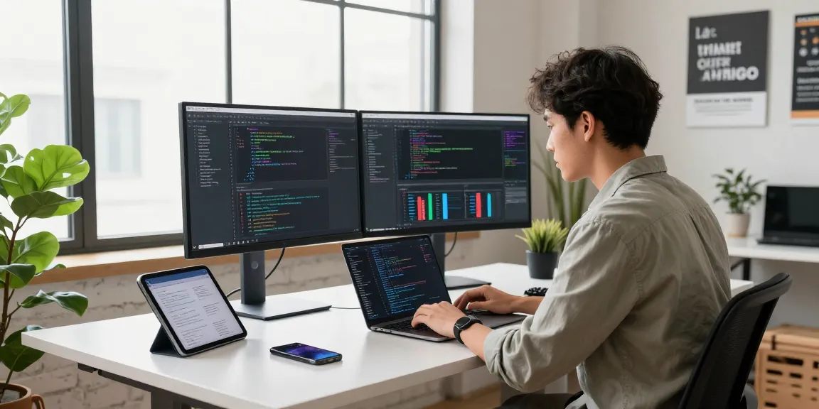 Developer coding in a modern workspace, showcasing telegram中文版 with innovative app design elements.