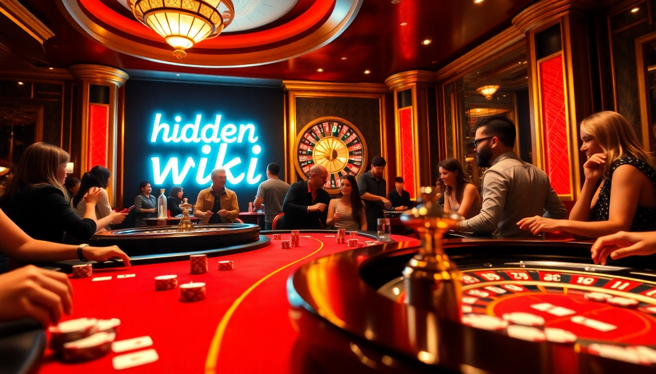 The hidden wiki theme integrated into an exciting casino scene with vibrant tables, cards, and roulette.