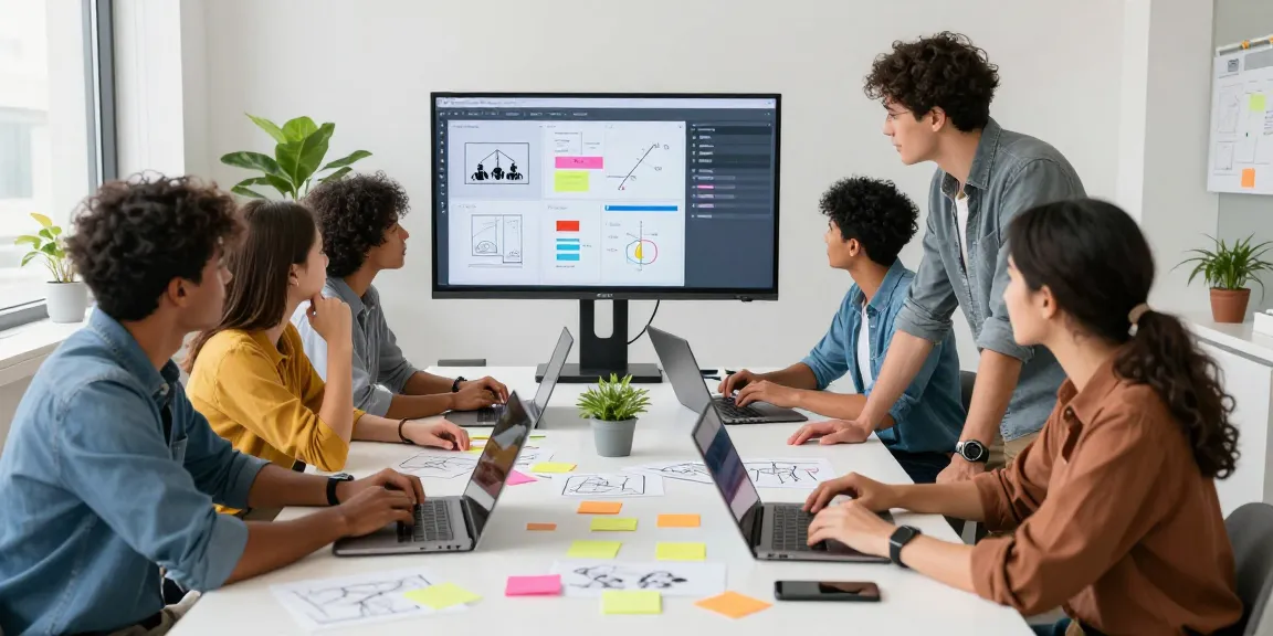 Collaboration on a mixboard in a vibrant tech workspace with diverse team members.