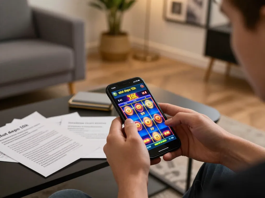 Player enjoying slot depo 10k on smartphone in cozy home environment with strategic notes.