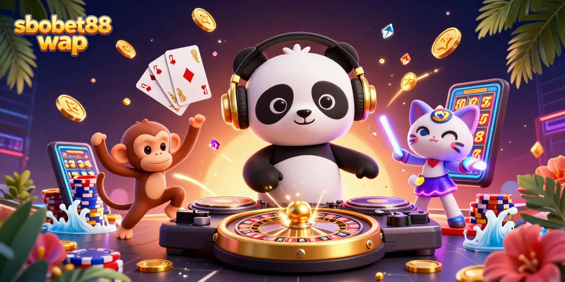 Place bets with sbobet88 wap in a vibrant 3D casino scene filled with fun characters and excitement.