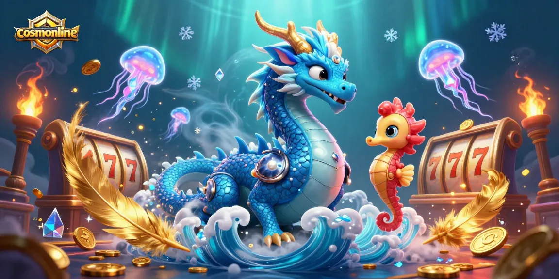 Win big at cosmonline with an enchanting casino scene featuring a dragon, knight, and jellyfish.