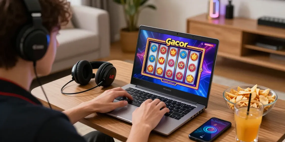 Player enjoying slot gacor game on a laptop with vibrant graphics in a cozy setting.