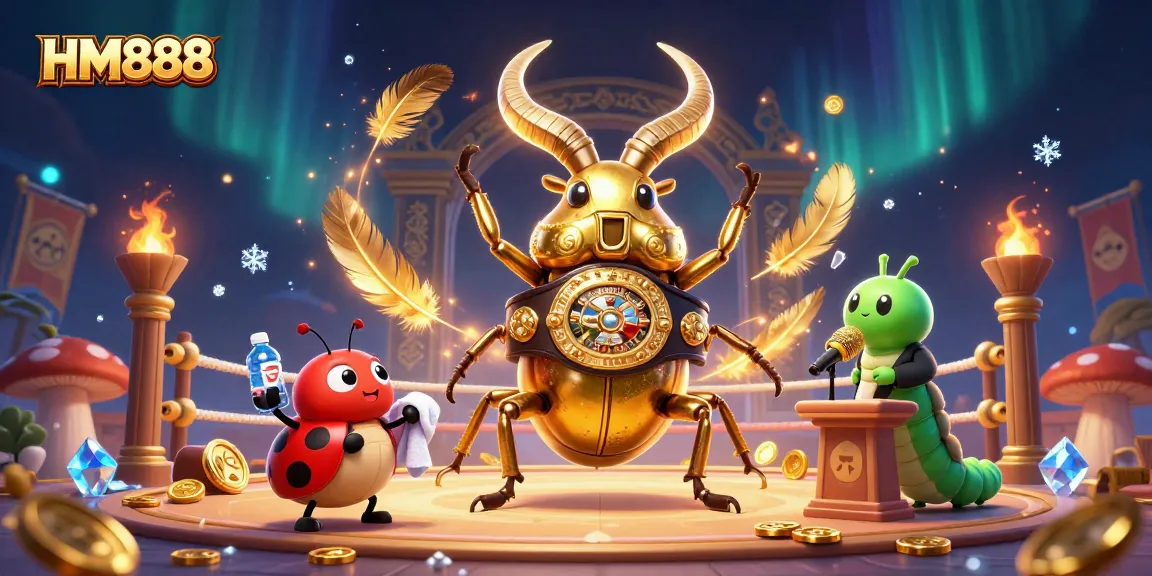 Engage with the thrilling HM888 action in a vibrant 3D illustration featuring a golden stag beetle champion.