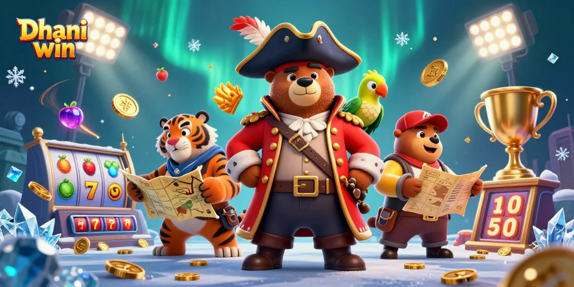 Dhani win casino illustration featuring a cartoon bear captain and tiger mate with dynamic slot elements.