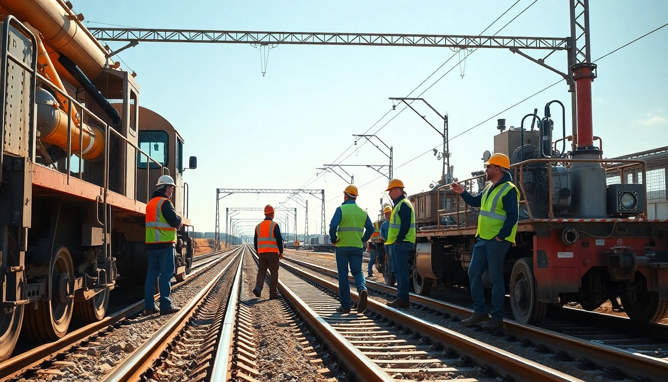 Railroad contractors near me collaborating on site with safety equipment and machinery.