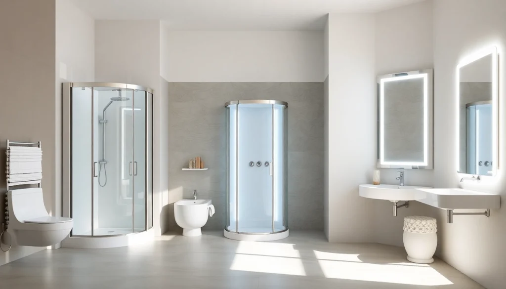 Découvrez les solutions de salle de bains modernes de sirhona fr avec des cabines de douche et miroirs LED.