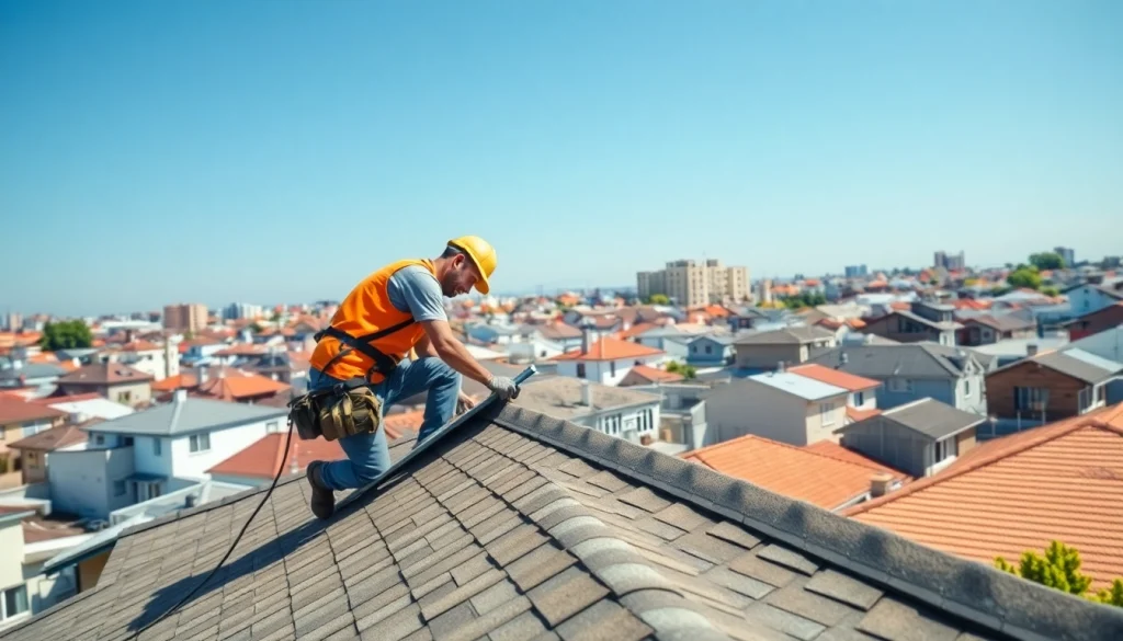Provide professional roofing services with expert craftsmanship on various homes across a city skyline.