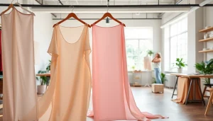 Mousseline stof uitgestald in een creatieve ruimte met zachte kleuren en unieke texturen.