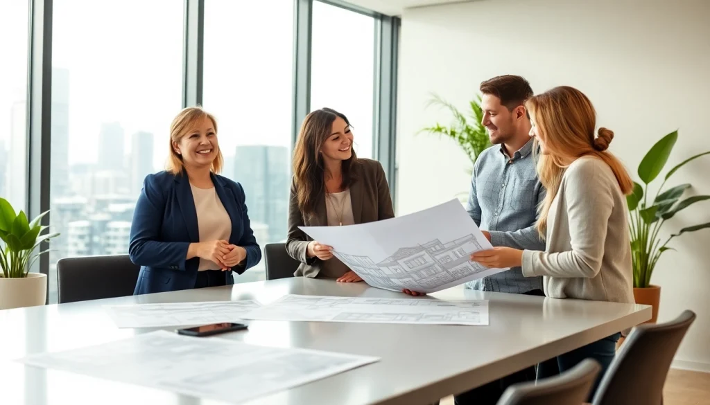 Engaging real estate agent discussing home options with clients in a modern office.