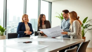 Engaging real estate agent discussing home options with clients in a modern office.