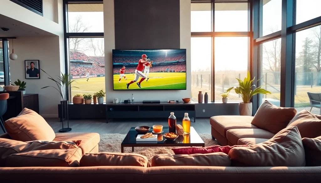 Engaged viewers watching sports on an iron tv in a stylish living room setting.